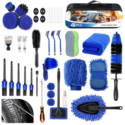 41Pcs Professional Car Detailing Kit, Car Wash Kit with Portable Handbag, Wet and Dry Use Car Cleaning Kit, Durable Drill Brush, Apply to Interior, Exterior, Wheels, Trucks, Motorcycles