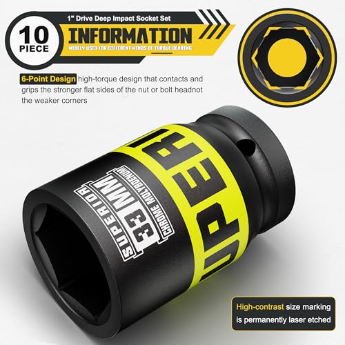 10 Piece 1" Drive Impact Socket Set, 21 mm-41 mm Jumbo Socket, Metric, 6-Point, Heavy Duty CR-MO, Large Automotive Repairs, Truck, Excavators - size: 1" Jumbo Metric