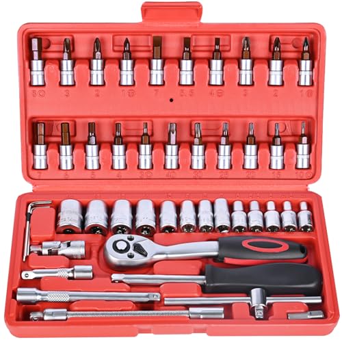 Egofine 46 Pieces 1/4 inch Drive Socket Ratchet Wrench Set, with 72-Teeth Ratchet Wrench, S2 Bit Socket Set, Extension for Auto Repairing and Household, with Storage Case - style: 1/4" 46 PCS with 72 Teeth Ratchet