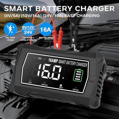 lifepo4 Charger 16-Amp Fully-Automatic Maintain,6V/12V/24V Lead-Acid(AGM/Gel/SLA)/Lithium lron LiFePO4 Trickle Charger,Pulse Repair Car Battery Charger,Deep Cycle