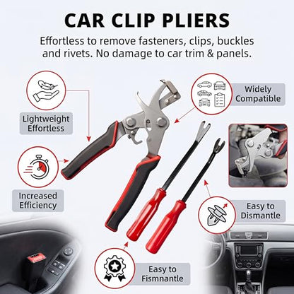 Car Clip Pliers, Auto Trim Removal Tool Set with 2Pcs Stainless Steel Fastener Remover, Labor-Saving Spring Lever Pliers for Car Interior, Door Panel, Dashboard, Plastic Clips, Buckles & Rivets