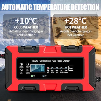 12V/24V 10Amp Smart Car Battery Charger, Automatic Maintainer & Trickle Charger, Desulfator, Temp Compensation, Overcharge Protection for Automobile Truck Motorcycle Boat LiFePO4 AGM Gel STD Batteries