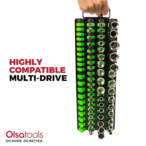 Olsa Tools Portable Socket Organizer Tray - Black Rails with Green Clips - Holds 80 Sockets - Professional Quality Socket Holder - Part 1024 - color: Black Tray/Green Clips