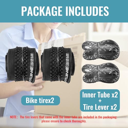 Hycline 2-Pack Mountain Bike Tires Set: 20/24/26/27.5-inch Folding Replacement High-Performance Wear-Resistant Bicycle Tires and Pair Inner Tubes with Tire Levers for MTB Off-Road Bike - color: 26x1.95-30TPI