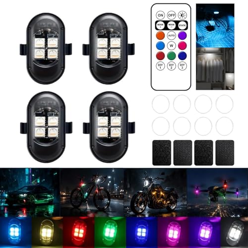 Upgraded 4PCS Mini Car Wireless LED Strobe Lights with Remote Control Wireless LED Lights for Car Motorcycle Bicycle Bike USB Rechargeable 8-Color Car Ambient Lighting Car Led Lights Interior