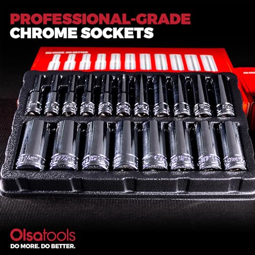 Olsa Tools Metric Deep Socket Set (19pc) - 3/8-Inch Drive - Chrome 6-Point Deep Well Socket Set - Metric Sizes From 6 mm to 24 mm - Mechanics Socket Sets - Professional Grade - Part: 1809 - color: Metric Deep, size: 19pc, 3/8-Inch Drive
