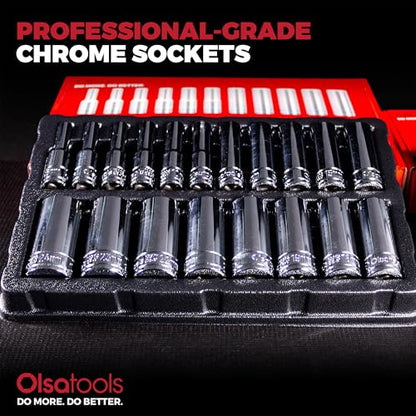 Olsa Tools Metric Deep Socket Set (19pc) - 3/8-Inch Drive - Chrome 6-Point Deep Well Socket Set - Metric Sizes From 6 mm to 24 mm - Mechanics Socket Sets - Professional Grade - Part: 1809 - color: Metric Deep, size: 19pc, 3/8-Inch Drive