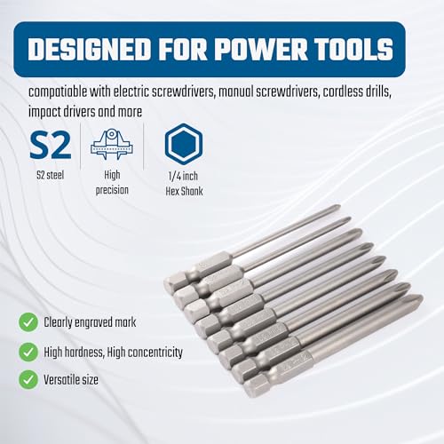 VESTTIO Phillips Cross slot Screwdriver Bit Set 8PCS 1/4 Inch Hex Shank 3 Inch/75 mm Length S2 Steel with Magnetic for Power Screwdriver Impact Drill - size: 8 PH / 3 inch