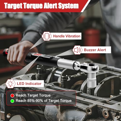 VANPO Digital Torque Wrench 3/8 Inch Drive, 5–99.6 Ft-Lb, for Automotive | High Contrast Backlit LCD, Fast-Adjust Control, Vibration, Buzzer, LED Alert, Electric Torque Wrench for Motorcycle & Bike - size: 3/8-inch 5-99.6 Ft-lb/6.8-135 Nm (Long)