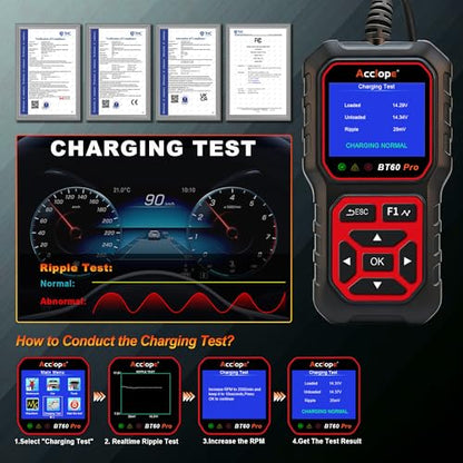BT60 PRO Car Battery Tester 6V/12V/24V, 2–120Ah, 100–3000 CCA, AGM/Gel/Lithium, Digital Analyzer, QR Cloud Report (No App), Alternator & Starter/Charging System - color: Black-Red