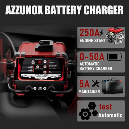 12V/24V Car Battery Charger & Engine Starter – Up to 50A Fast Charging, 250A Cranking Amps, Auto Maintainer, Desulfator, Repair & Winter Mode for AGM, Gel, Deep Cycle Batteries - color: 50A