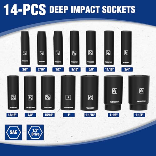 WORKPRO 14-Piece 1/2＂ Drive Deep Impact Socket Set, 6-Point Impact Deep Socket Set with Heavy Duty Storage Case for Automotive and Mechanical Repairs, 3/8"-1-1/4", Cr-V Steel, SAE - style: 14PC, SAE