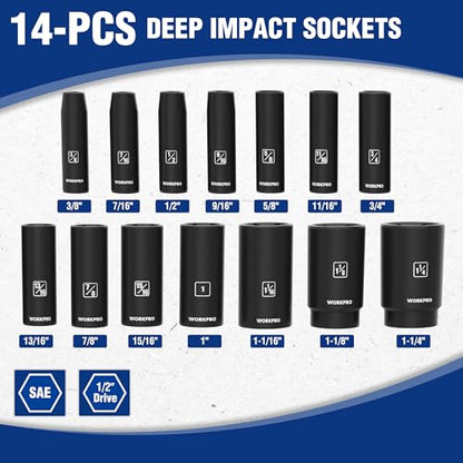 WORKPRO 14-Piece 1/2＂ Drive Deep Impact Socket Set, 6-Point Impact Deep Socket Set with Heavy Duty Storage Case for Automotive and Mechanical Repairs, 3/8"-1-1/4", Cr-V Steel, SAE - style: 14PC, SAE
