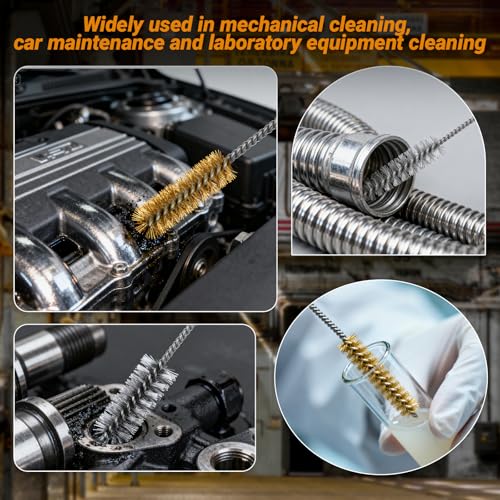 RAWILL 16Pcs Tube Cleaning Brush, Brass Stainless Steel Engine Cleaning Brushes, 12 Inch Long Round Wire Pipe Cleaner for Deep Pipes, Auto Parts, Engine Parts, 8 Sizes