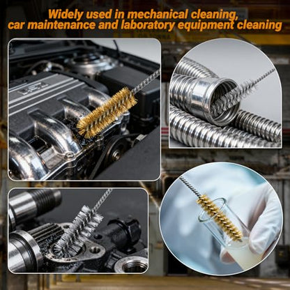 RAWILL 16Pcs Tube Cleaning Brush, Brass Stainless Steel Engine Cleaning Brushes, 12 Inch Long Round Wire Pipe Cleaner for Deep Pipes, Auto Parts, Engine Parts, 8 Sizes