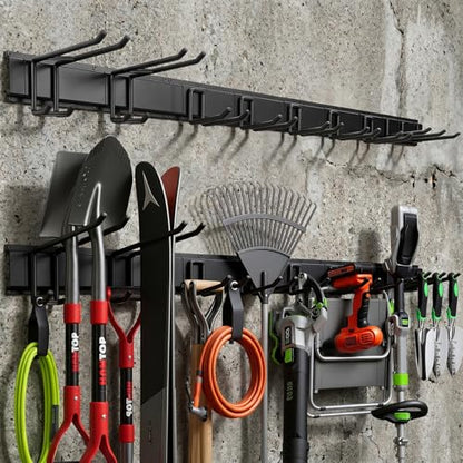 66" Heavy Duty Garage Tool Organizer Wall Mount, Steel Garage Storage Rack Holds up to 900 lbs with Adjustable Hooks, Wall Mounted Tool Organizer for Garage, Shed & Yard, 4 Panels, 10 Hooks & 2 Straps - size: 66"|4 Panels+10 Hooks+2 Straps