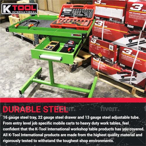 K Tool International 75108 Adjustable 30 Inch Teardown Worktable with Drawer, 200 lb Capacity, Height Adjustable 34 to 47.75 Inches, HD Steel Construction with Swivel Casters, Rubber Bumper Corners