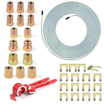 3/16" 25FT Zinc Coated Brake Line Kit with Inverted Nuts and Unions, 3 in 1 Tube Bender, Brake Line Clips, Copper Coil Repair Kit for Car Industrial Hydraulic Brake Systems(Silver) - color: Silver, size: 3/16"