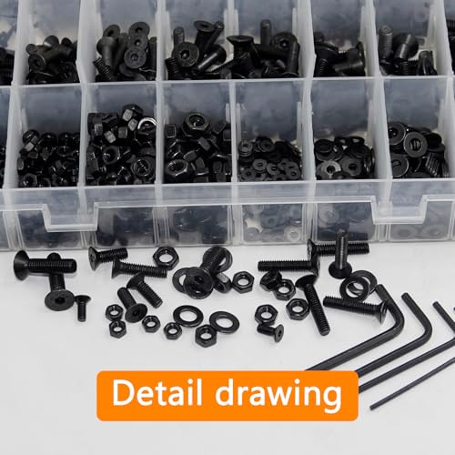 1715Pcs M2 M3 M4 M5 Screw Kit - 3D Printer Mini Screw, Allen Head/Flat Head/Countersunk Bolt/Screws, Metric Bolts Assortment, Black Nuts and Bolts for Mechanical Hardware - size: M2/3/4/5-1715Pcs