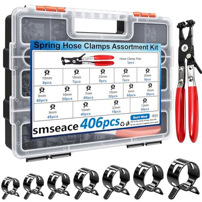 smseace 406Pcs 6-25mm Spring Band Hose Clamps With Plier 13-sizes Constant Tension Hose Clamp used for Fuel Line，Vacuum Hose，Air Hose - size: 6-25mm 406pcs
