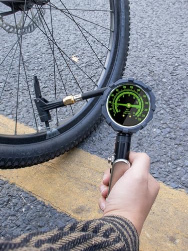 Bike Tire Inflator with 230 PSI Dual-Scale Glow Analog Pressure Gauge, Universal Presta & Schrader Locking Air Chuck for Air Compressor, 360° Swivel Hose, Brass Chuck, Inflation Kit with Storage Case - size: Analog with Box