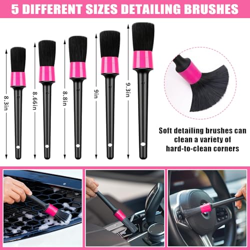 Windshield Cleaner Tool, 17Pcs Car Interior Detailing Kit, Detailing Brush, Towels, Duster, Car Cleaning Kit Interior for RVs, Truck, Trailer (Pink) - color: Pink