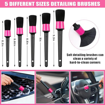 Windshield Cleaner Tool, 17Pcs Car Interior Detailing Kit, Detailing Brush, Towels, Duster, Car Cleaning Kit Interior for RVs, Truck, Trailer (Pink) - color: Pink