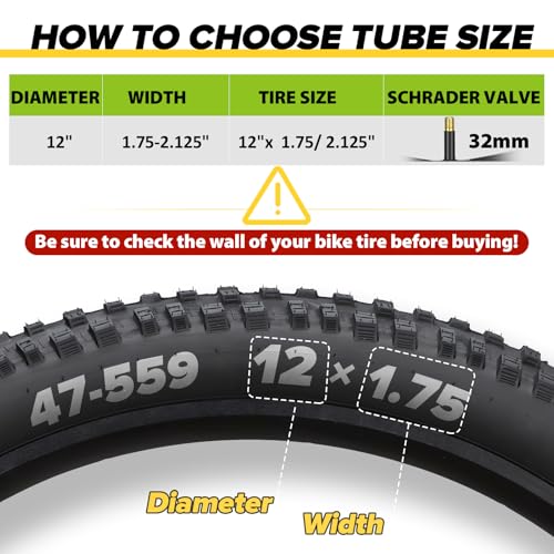 2 Pack Bike Tube 12"/14"/16"/18"/ 20"/ 22"/24"/ 26"/27.5"/28"/29" | 1.75/1.95/2.10/2.125 Bicycle Tube with 2 Tire Levers, 32mm AV Schrader Valve, Butyl Rubber Inner Tube for Kids/Road/MTB Bike - style: 12" X 1.75/2.125 (2pack)