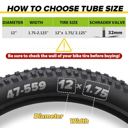 2 Pack Bike Tube 12"/14"/16"/18"/ 20"/ 22"/24"/ 26"/27.5"/28"/29" | 1.75/1.95/2.10/2.125 Bicycle Tube with 2 Tire Levers, 32mm AV Schrader Valve, Butyl Rubber Inner Tube for Kids/Road/MTB Bike - style: 12" X 1.75/2.125 (2pack)