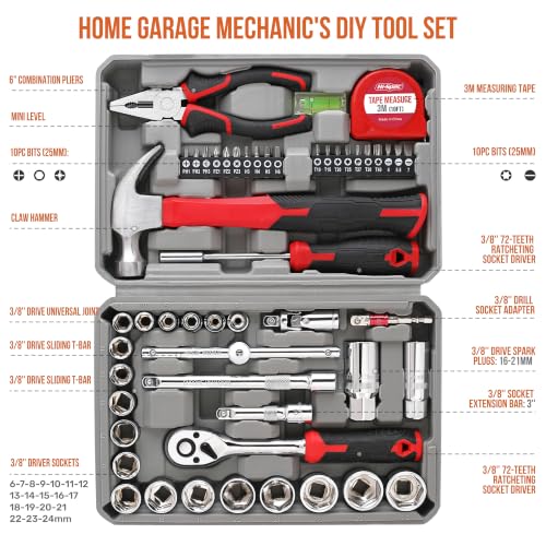 Hi-Spec 52pc Home Garage Mechanics DIY Tool Kit Set. Metric Sockets, Ratchet Wrench, Screwdriver Bit Set, Pliers and Spark Plug Accessories in a Portable Toolbox Case - size: 52 PCS