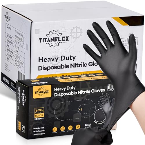 TitanFlex Heavy Duty Black Nitrile Gloves, 6 Mil, Fully Textured, Mechanic Disposable Gloves, Latex Free, Powder Free - color: 09 Black (Xl, 1000ct)