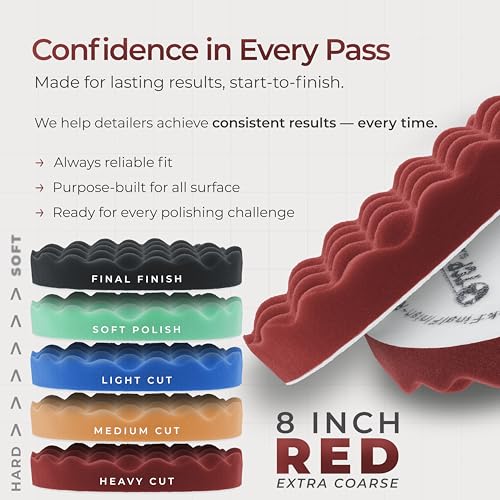 TCP Global 8" Red Waffle Foam Buffing Pad Hook and Loop Backing - Extra Coarse Buffing Pad for Polishing, Automotive, Marine, Truck, RV & Compound Cutting, Car Polishing Pads - color: Red