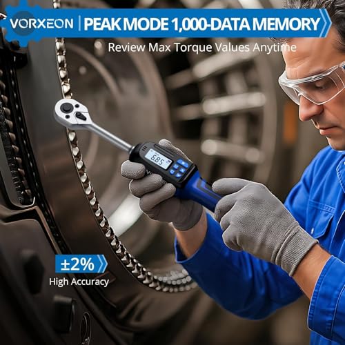 Digital Torque Wrench 3/8 inch Drive with Preset Value, Track and Peak Modes, LED and Buzzer Alerts, 4 Units of Measure for Bike Motorcycle Car, 4.9-99.6 Ft-Lb/6.8-135 Nm