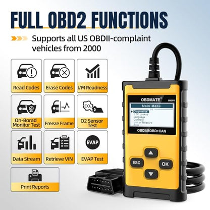 Check Engine Code Reader, OBDMATE OM201 OBD2 Diagnostic Tool | Clearing Faulty Codes with Wireless Printing | Graphic Live Data | EVAP Test