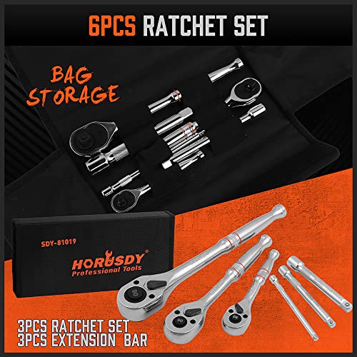 HORUSDY 3-Piece Ratchet Set, 1/4” 3/8”, 1/2" Drive Ratchet Handle Set, 90-Tooth,CR-V, Quick Release Ratchets - style: 1/4" 3/8" 1/2" Drive Ratchet Set