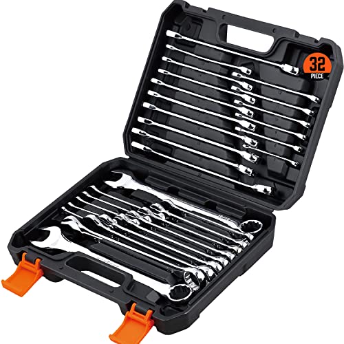 HORUSDY 32-Piece Combination Wrench Set, SAE and Metric, 1/4"-1" & 7mm-22mm, 12 Point, Chrome Vanadium Steel Construction with Case - style: 32-Piece Combination Wrench Set
