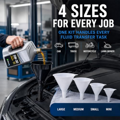 5 Pcs Automotive Oil Funnel Set, Spill-Free Fluid Transfer Kit. | Wide Mouth Fuel Funnel with Extension Hose & 4 Standard Funnels for Gas, Diesel, Motor Oil, Transmission Oil, Cars Trucks.