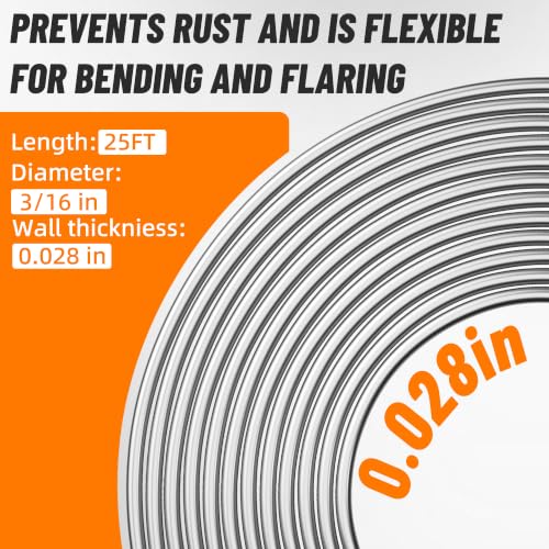 3/16" Brake Line Repair Kit, Double & Single Brake Line Flaring Tool Kit + 25ft 3/16 Inch Zinc Coated Brake Line with 40 Pcs Fittings(4 Unions Included) + Brake Line Bender - color: Silver, size: 3/16"
