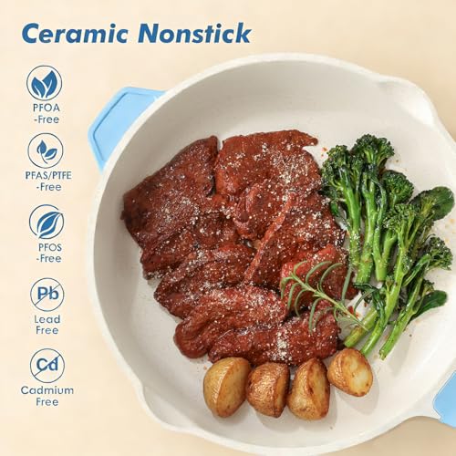 SENSARTE Nonstick Ceramic Skillet with Lid 12-inch, 5QT Non Toxic Deep Frying Pan, Saute Pan with Lid, Stay-cool Handle, Healthy Cooking Pot, Induction Compatible, Blue - color: Glicer Blue, size: 12-inch/5QT