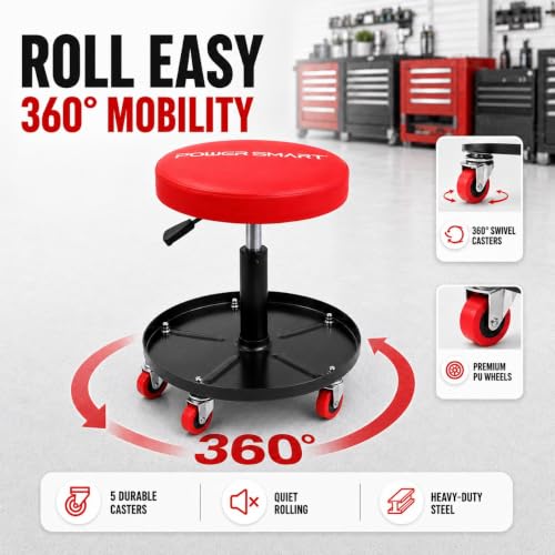 PowerSmart Rolling Mechanic Stool with Wheels, Pneumatic Adjustable Garage Shop Seat with Tool Tray, 330 lb Capacity Hydraulic Swivel Creeper Stool for Automotive Repair, Car Detailing & Workshop