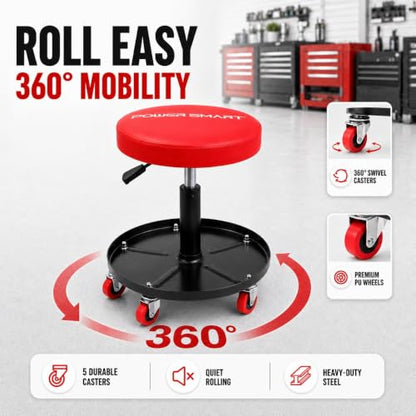 PowerSmart Rolling Mechanic Stool with Wheels, Pneumatic Adjustable Garage Shop Seat with Tool Tray, 330 lb Capacity Hydraulic Swivel Creeper Stool for Automotive Repair, Car Detailing & Workshop