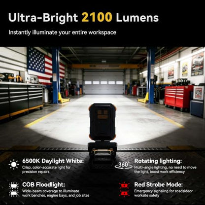 Adelante W3 Rechargeable Clamp Work Light, 2100LM, 360° Rotating Head | 4000mAh battery, 3-10 hours runtime, 2.5 in clamp, dual magnets, IPX4 waterproof, USB-C charge and USB output for workshop