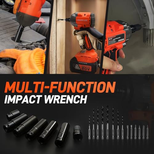 COMOWARE 650N.m (480 ft-lbs) Cordless Impact Wrench, 1/2" Brushless High Torque Impact Gun, 20V 4.0Ah Battery & Fast Charger, 6 Sockets w/case, 3-Speed Control (0-3000RPM), Gift for Dad
