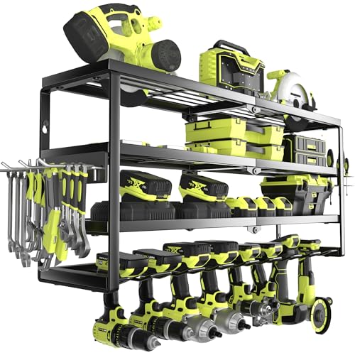 MOOMSINE 4 Layer Power Tool Organizer Wall Mount, Battery Tools Holder with Charging Station Shelf, Cordless Drill Hanger Storage Rack for Garage Organization, Workshop, Pegboard - 32 Inch 8 Slots - size: 32 Inch（4 Tier）