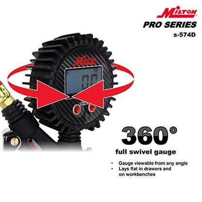 Milton Pro Digital Tire Pressure Gauge S-574D, Straight Foot Chuck, Pistol Grip Handle, Easy to Read 0.1 Display, 255 PSI Max Pressure, 15 Inch Hose, 1/4" NPT (PSI, kPa, Bar, and kg/cm2) - size: Straight Foot Chuck, style: Digital