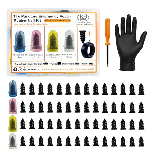 64 PCS Tire Repair Screws Rubber Nail Kit, 4 Sizes Screw in Tire Plugs | with Screwdriver & 3 Pairs Gloves, Fast Air-Tight Puncture Repair Tool for Car, Truck, Motorcycle, No Messy Glue