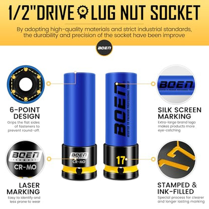BOEN 17mm 1/2" Drive Wheel Protector Impact Socket, Non-Marring Thin Wall Wheel Protector Nut Socket, Color-Coded, Embossed and Painted Marking, CR-MO Steel - style: 17MM