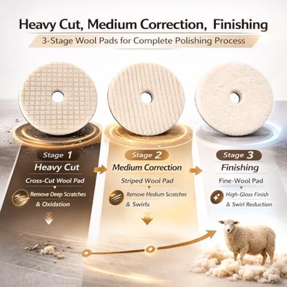 6 Inch Wool Buffing Pads, 3PCS Wool Cutting & Polishing Pad Kit for DA Polisher, Low Lint Paint Correction Pads