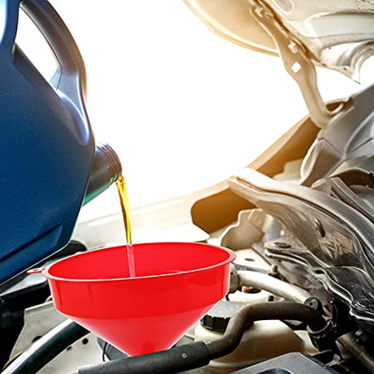 10 Pcs Red Plastic Funnel Set, 6.3 in Wide Mouth Fuel Funnels | PP Plastic, 0.6 in Wide Spout, 5.5 in Tall Body, Hang-Tab Rim, and Nesting Design for Oil, Gas, Coolant, and Dry Goods