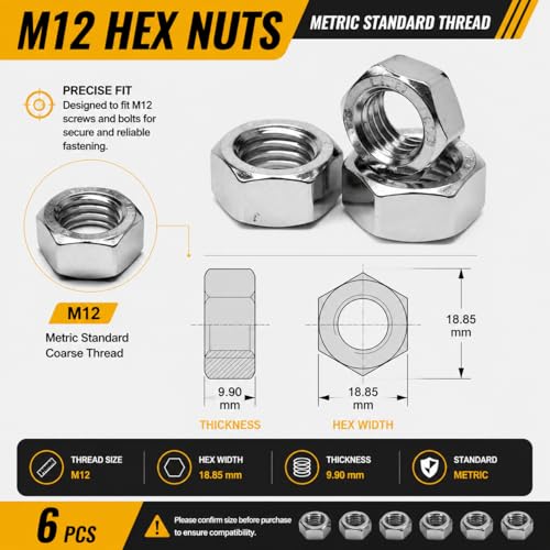 6Pcs M12 Hex Nuts, 304 Stainless Steel Hardware Nuts, Full Thread Hex Drive, for Heavy Machinery, Construction, Automotive Repairs - size: M12 (6 pcs)